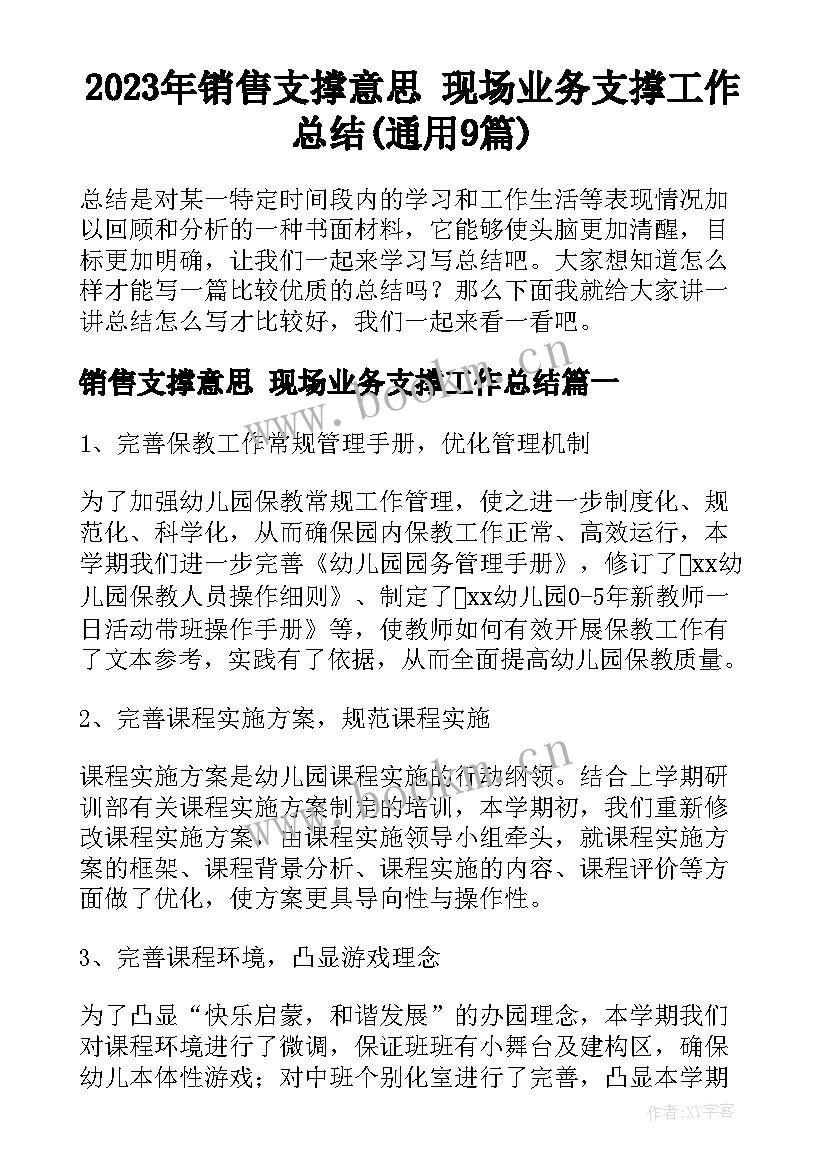 2023年销售支撑意思 现场业务支撑工作总结(通用9篇)