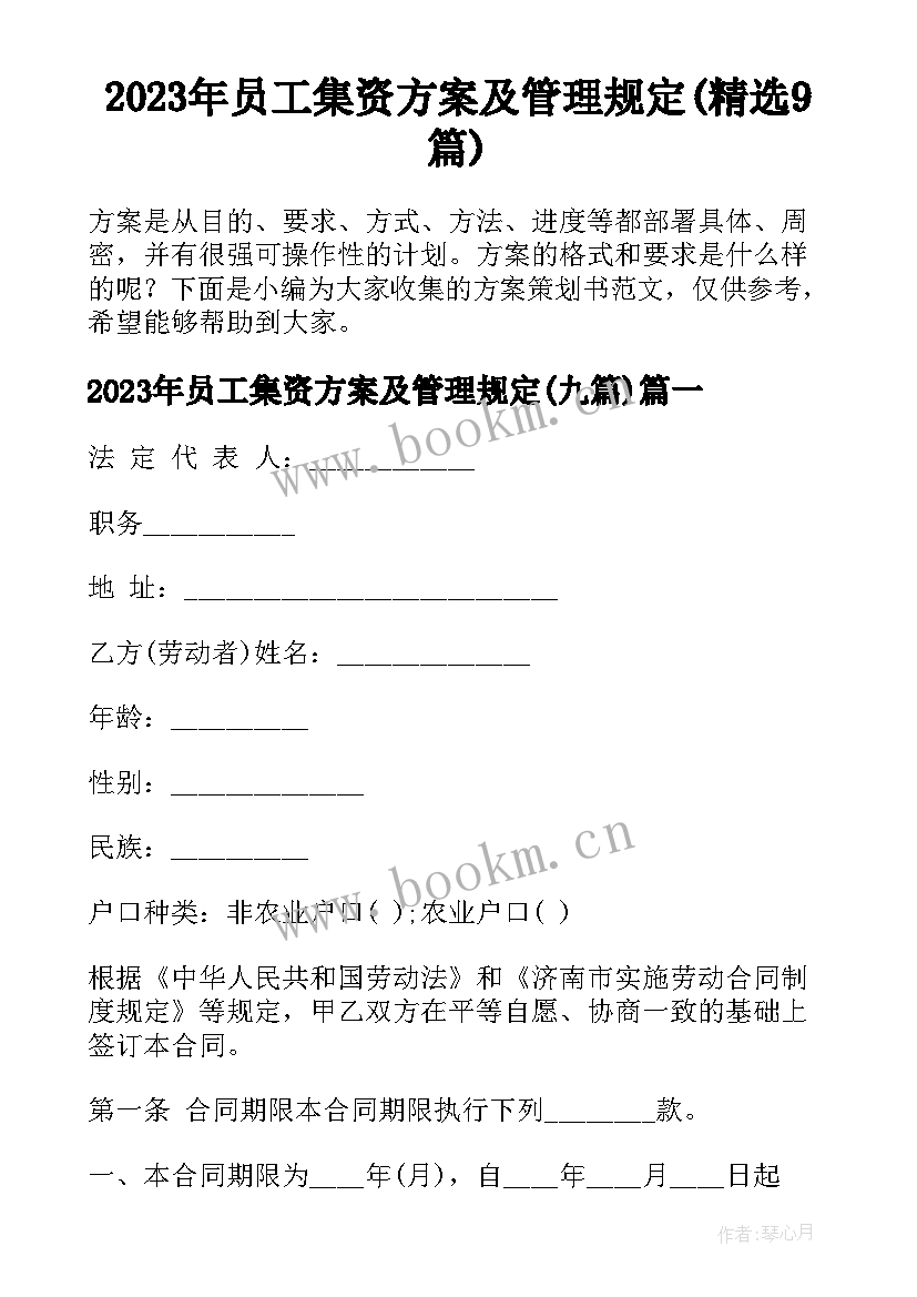 2023年员工集资方案及管理规定(精选9篇)