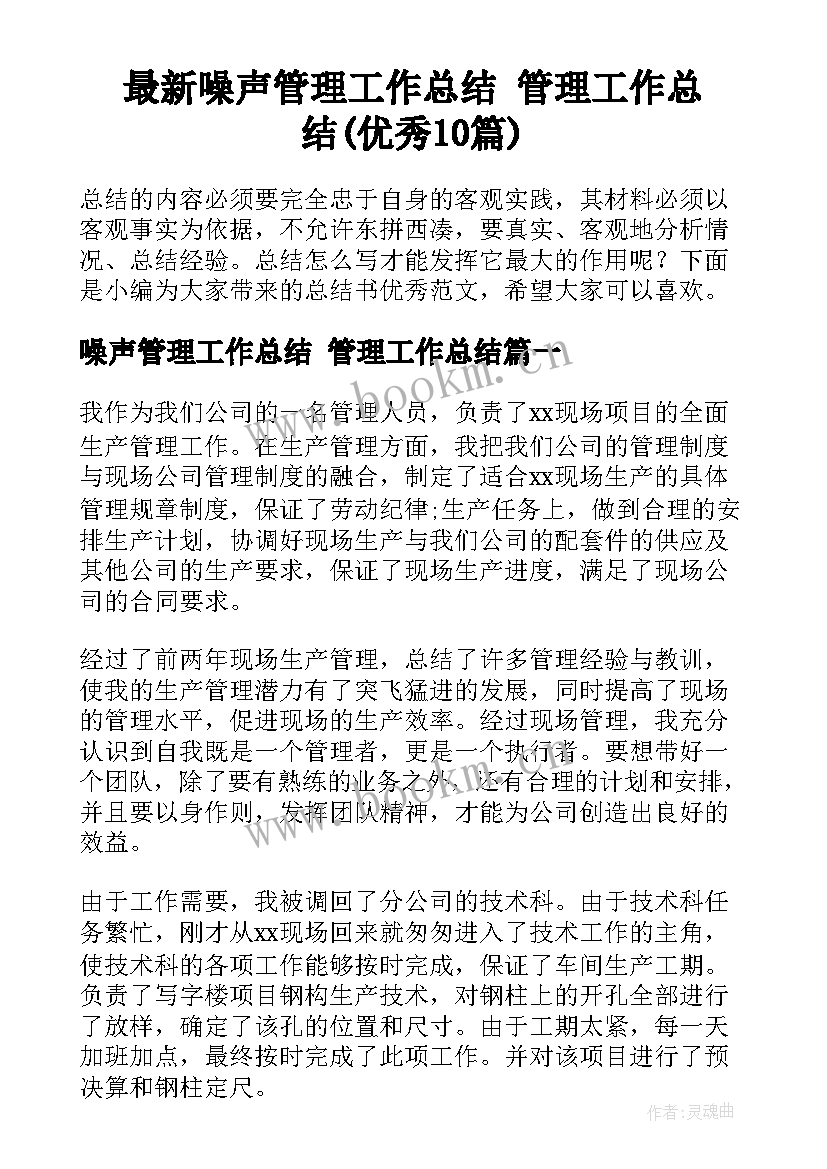 最新噪声管理工作总结 管理工作总结(优秀10篇)