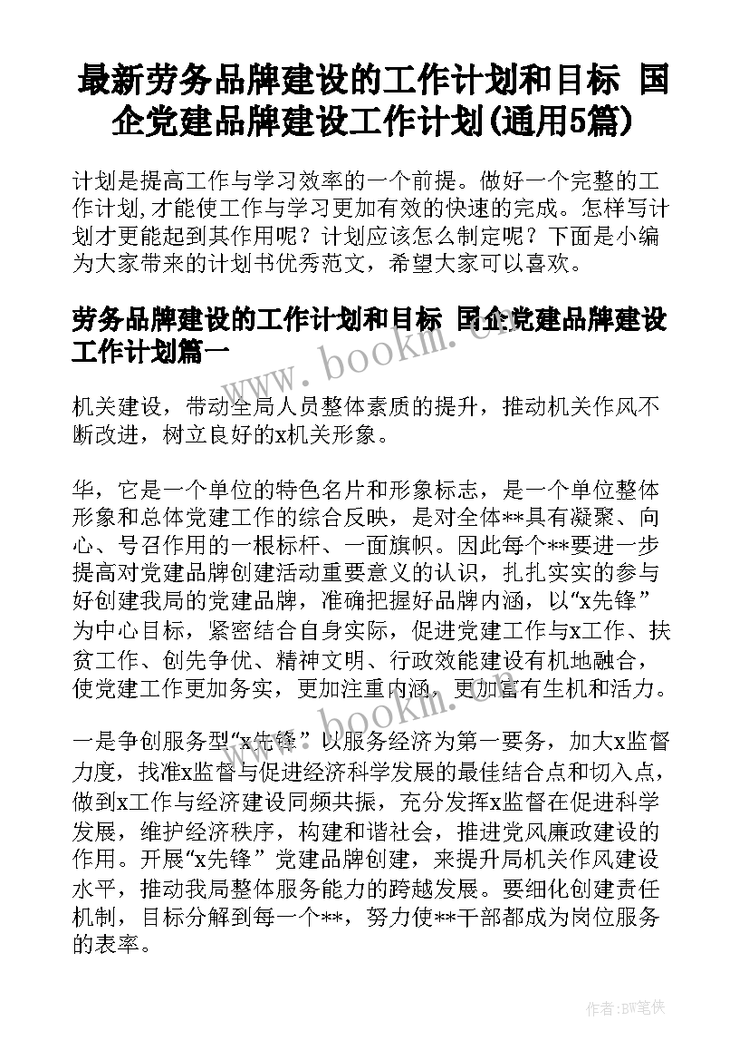 最新劳务品牌建设的工作计划和目标 国企党建品牌建设工作计划(通用5篇)