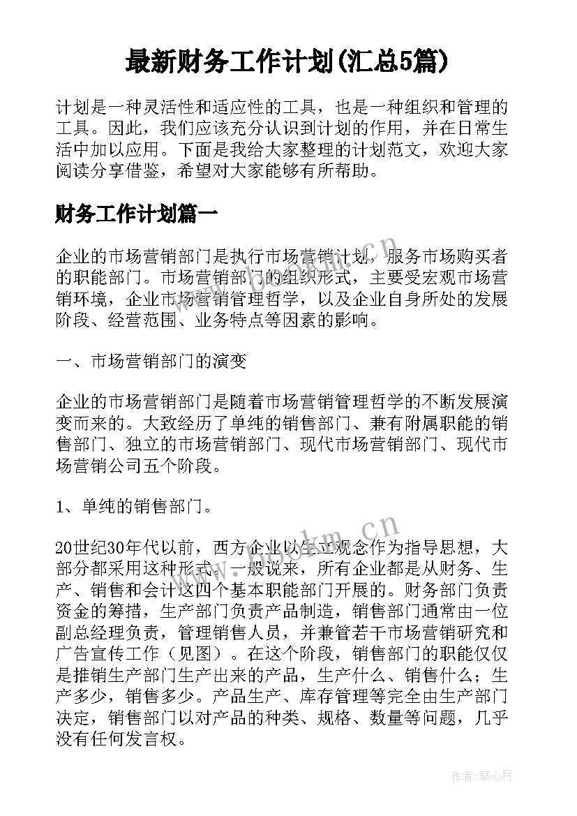 最新财务工作计划(汇总5篇)