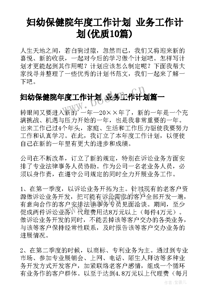 妇幼保健院年度工作计划 业务工作计划(优质10篇)