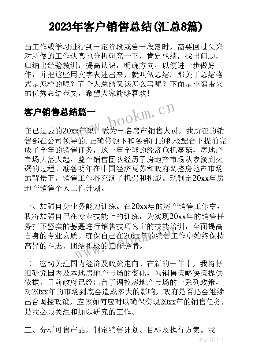 2023年客户销售总结(汇总8篇)