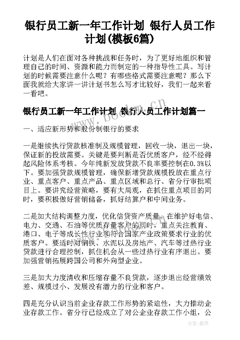 银行员工新一年工作计划 银行人员工作计划(模板6篇)