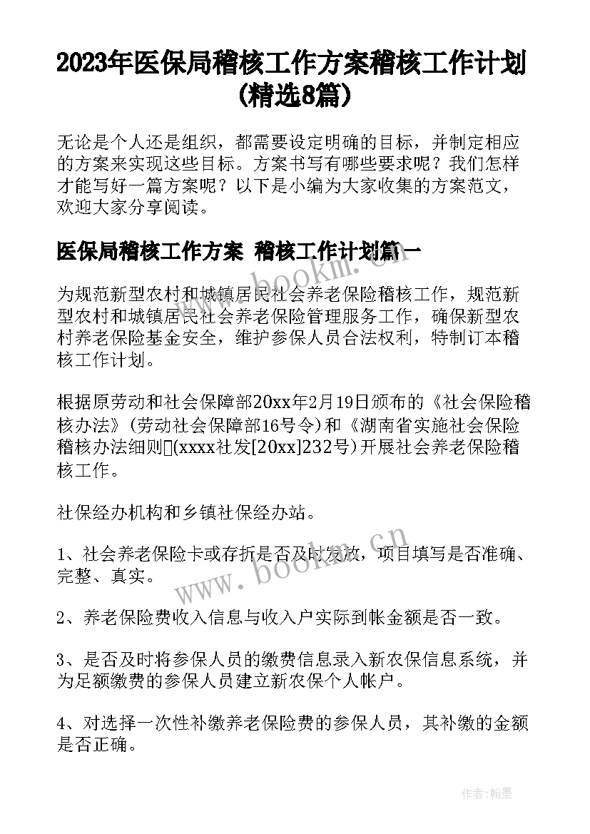 2023年医保局稽核工作方案 稽核工作计划(精选8篇)