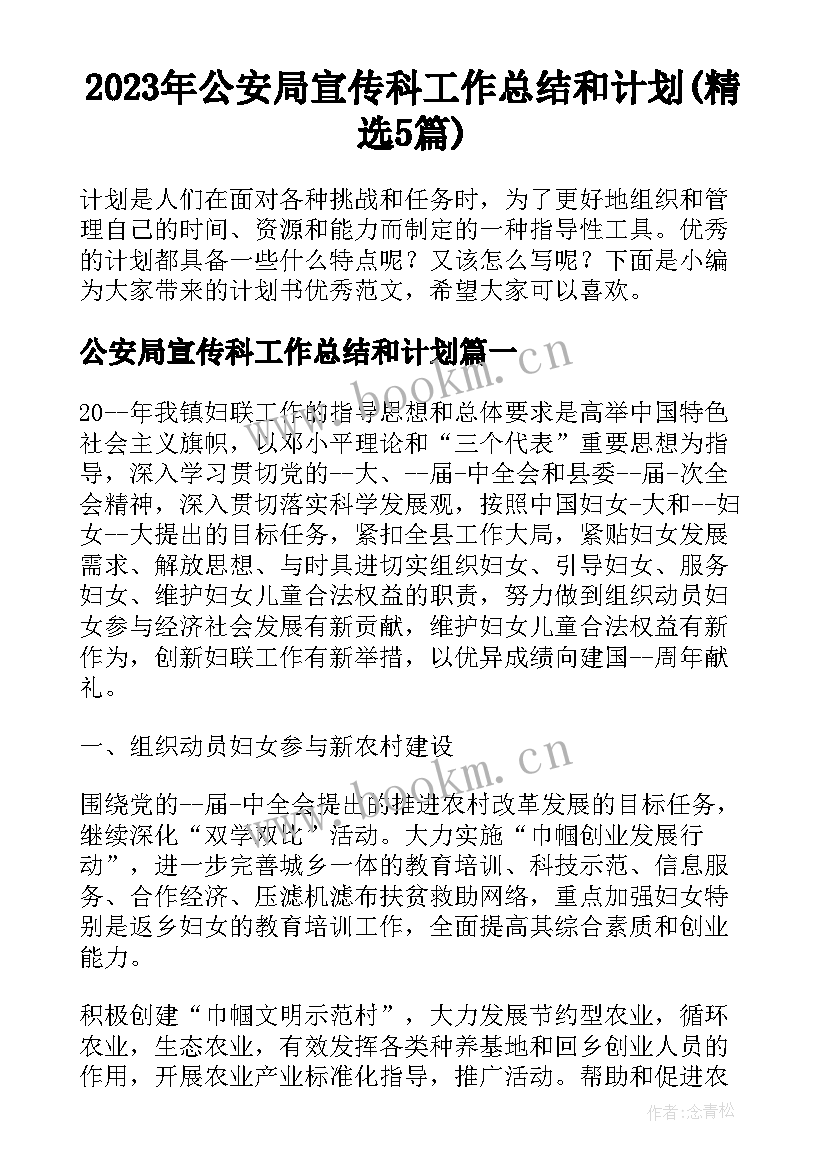 2023年公安局宣传科工作总结和计划(精选5篇)