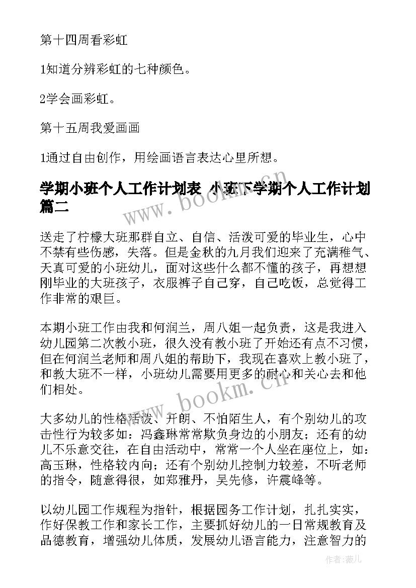 学期小班个人工作计划表 小班下学期个人工作计划(优质6篇)