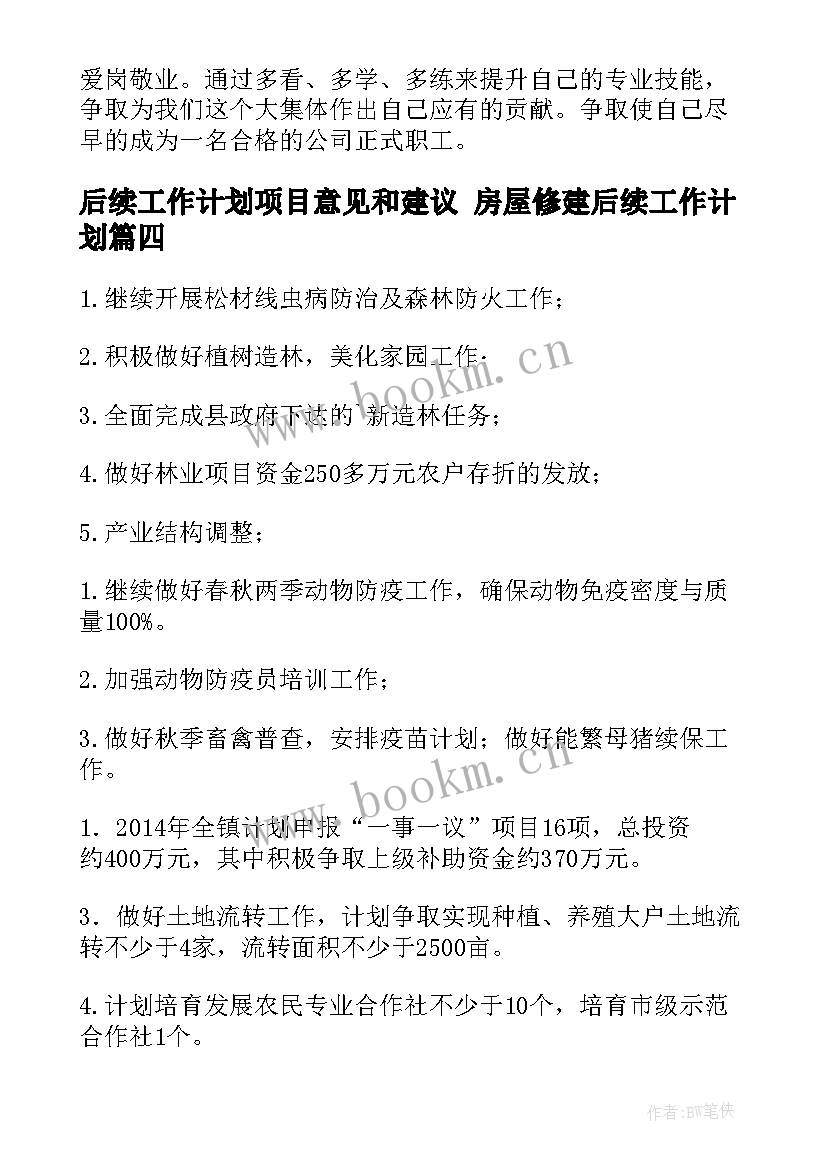 2023年后续工作计划项目意见和建议 房屋修建后续工作计划(模板9篇)