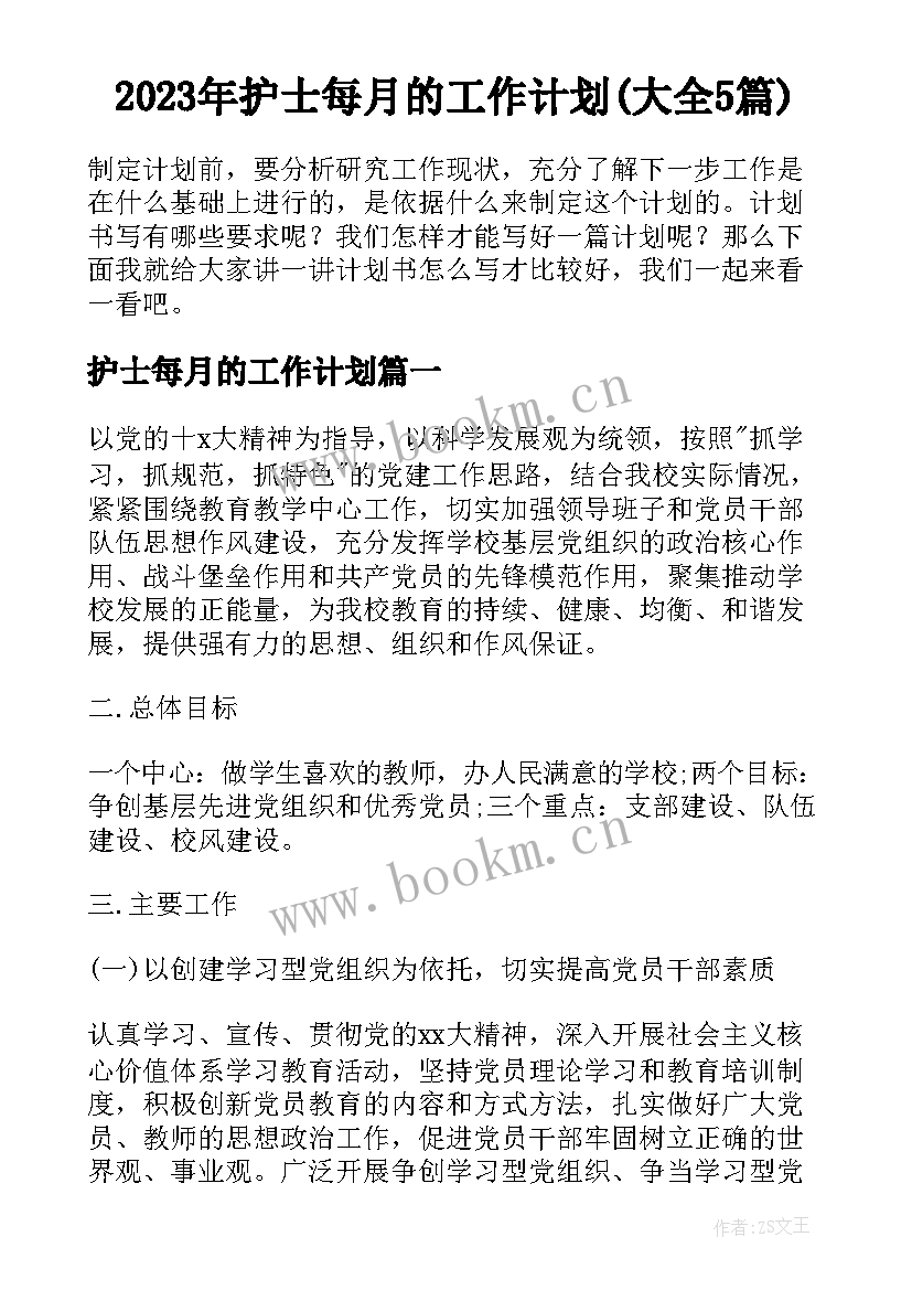 2023年护士每月的工作计划(大全5篇)