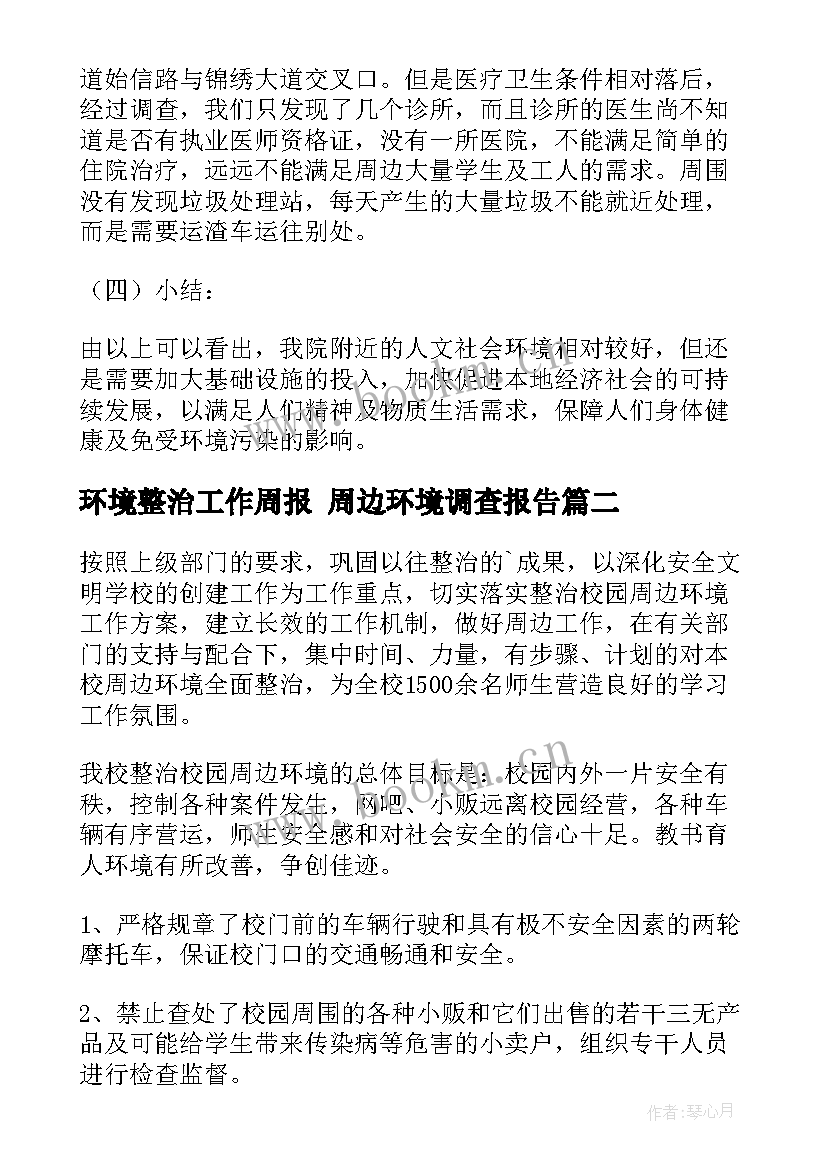 环境整治工作周报 周边环境调查报告(模板9篇)