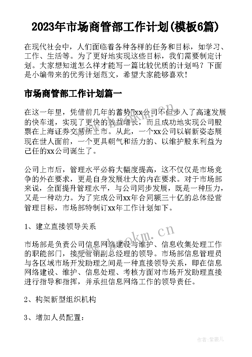 2023年市场商管部工作计划(模板6篇)