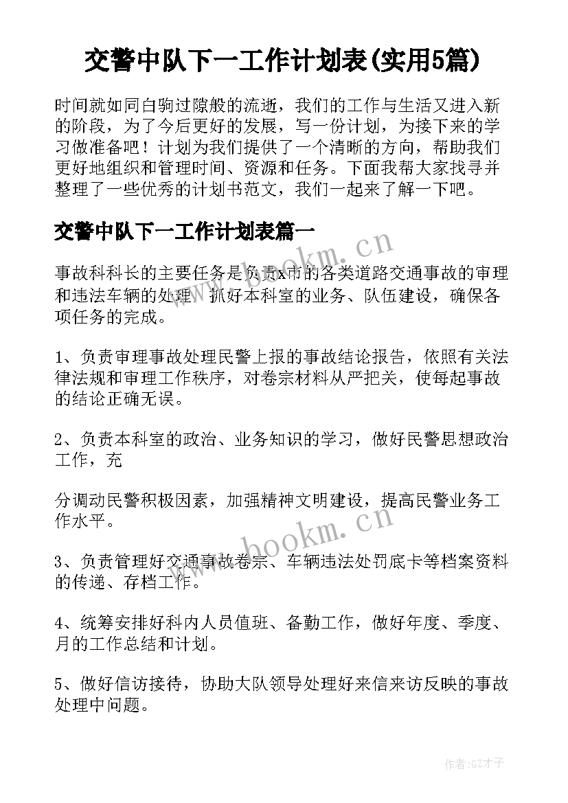 交警中队下一工作计划表(实用5篇)