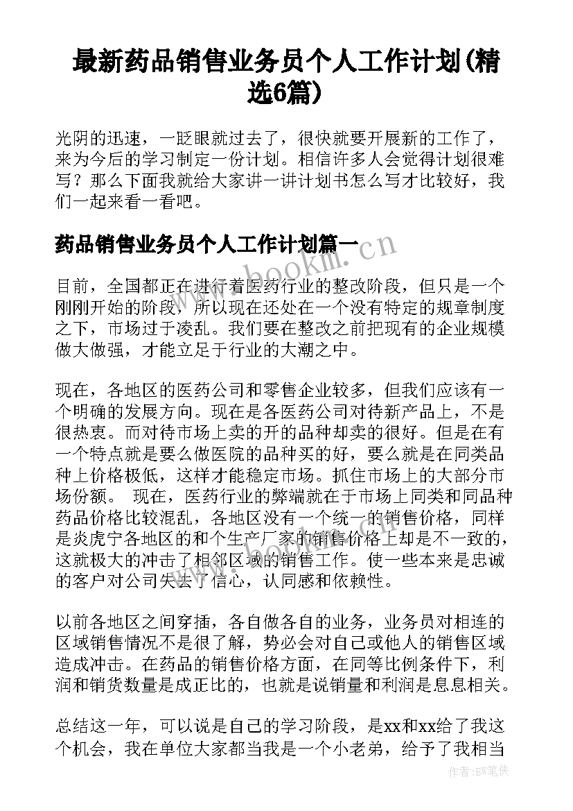 最新药品销售业务员个人工作计划(精选6篇)