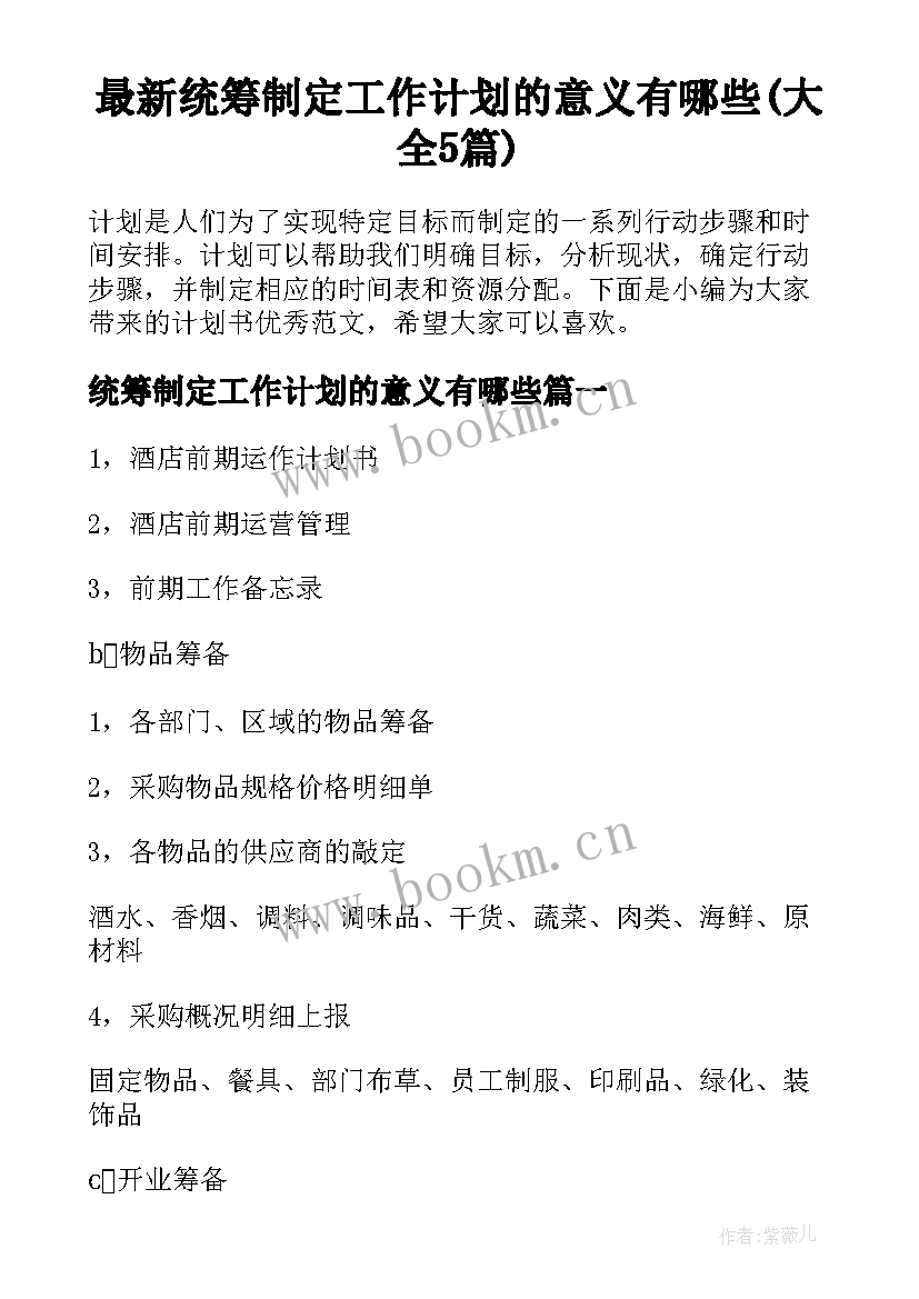 最新统筹制定工作计划的意义有哪些(大全5篇)