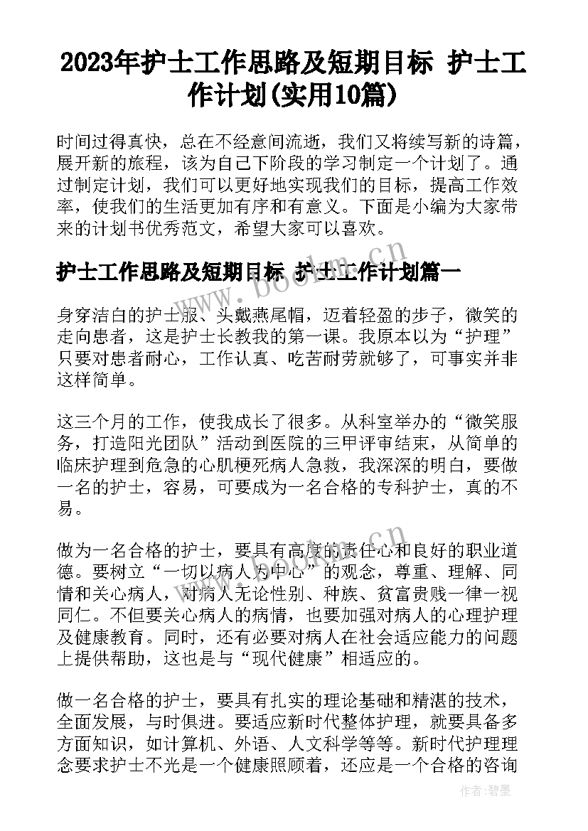 2023年护士工作思路及短期目标 护士工作计划(实用10篇)