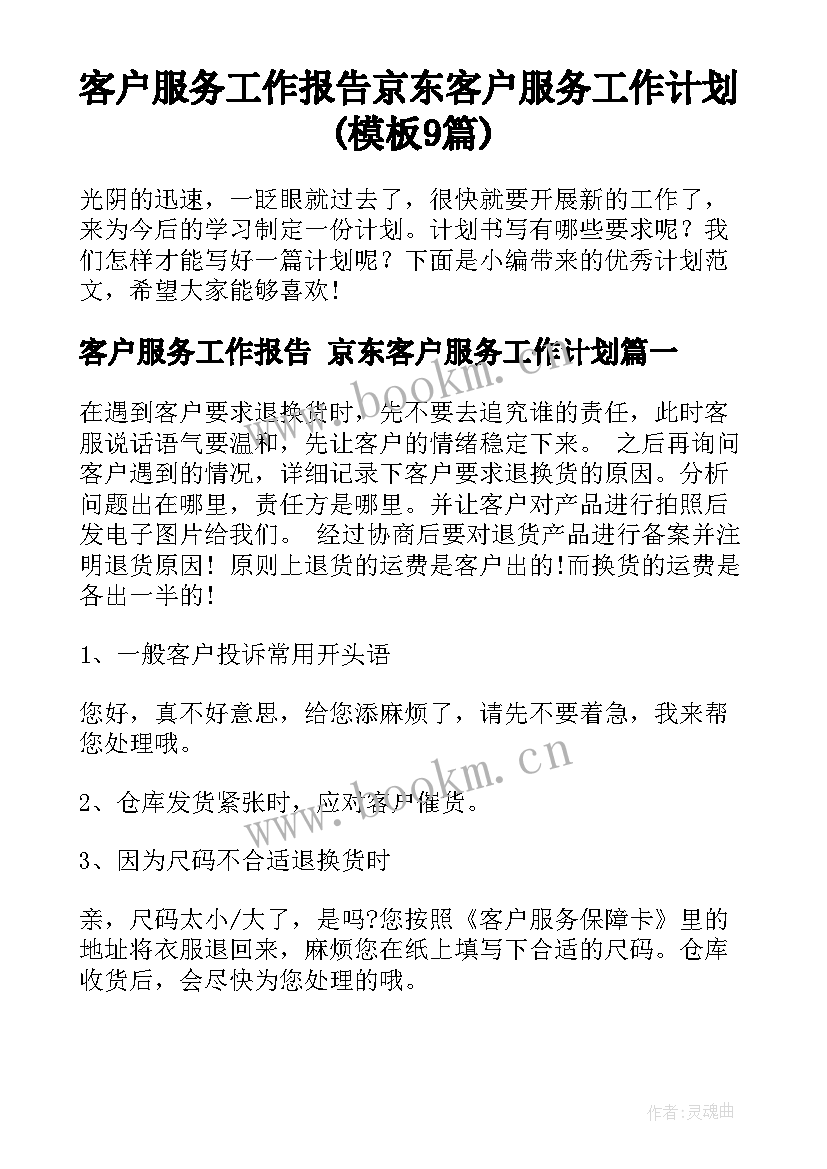 客户服务工作报告 京东客户服务工作计划(模板9篇)