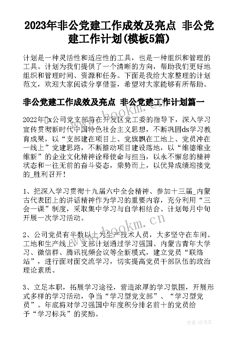 2023年非公党建工作成效及亮点 非公党建工作计划(模板5篇)