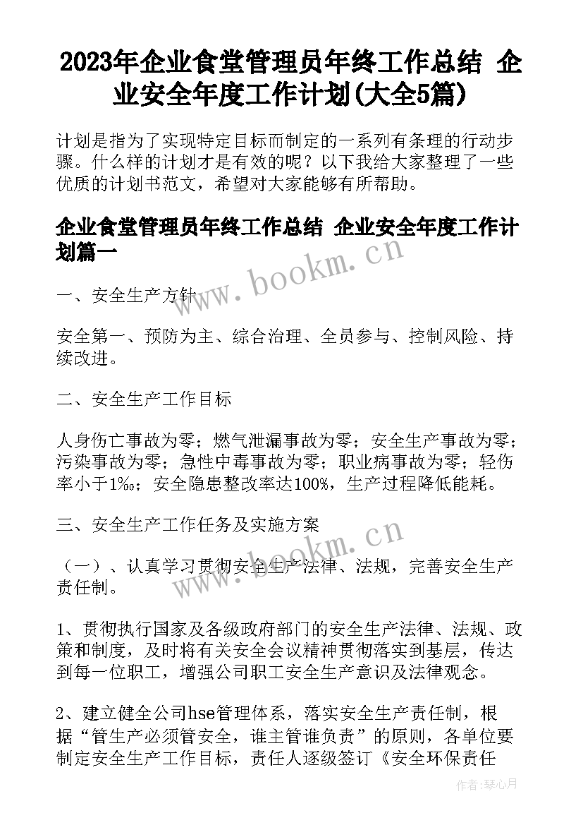 2023年企业食堂管理员年终工作总结 企业安全年度工作计划(大全5篇)