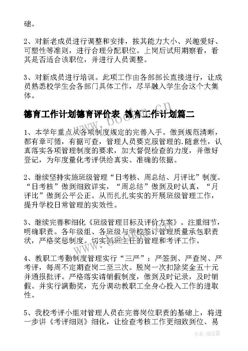 德育工作计划德育评价表 德育工作计划(大全7篇)