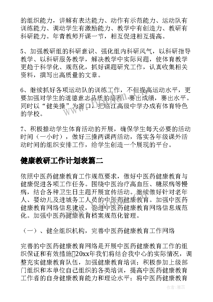 最新健康教研工作计划表(优质5篇)