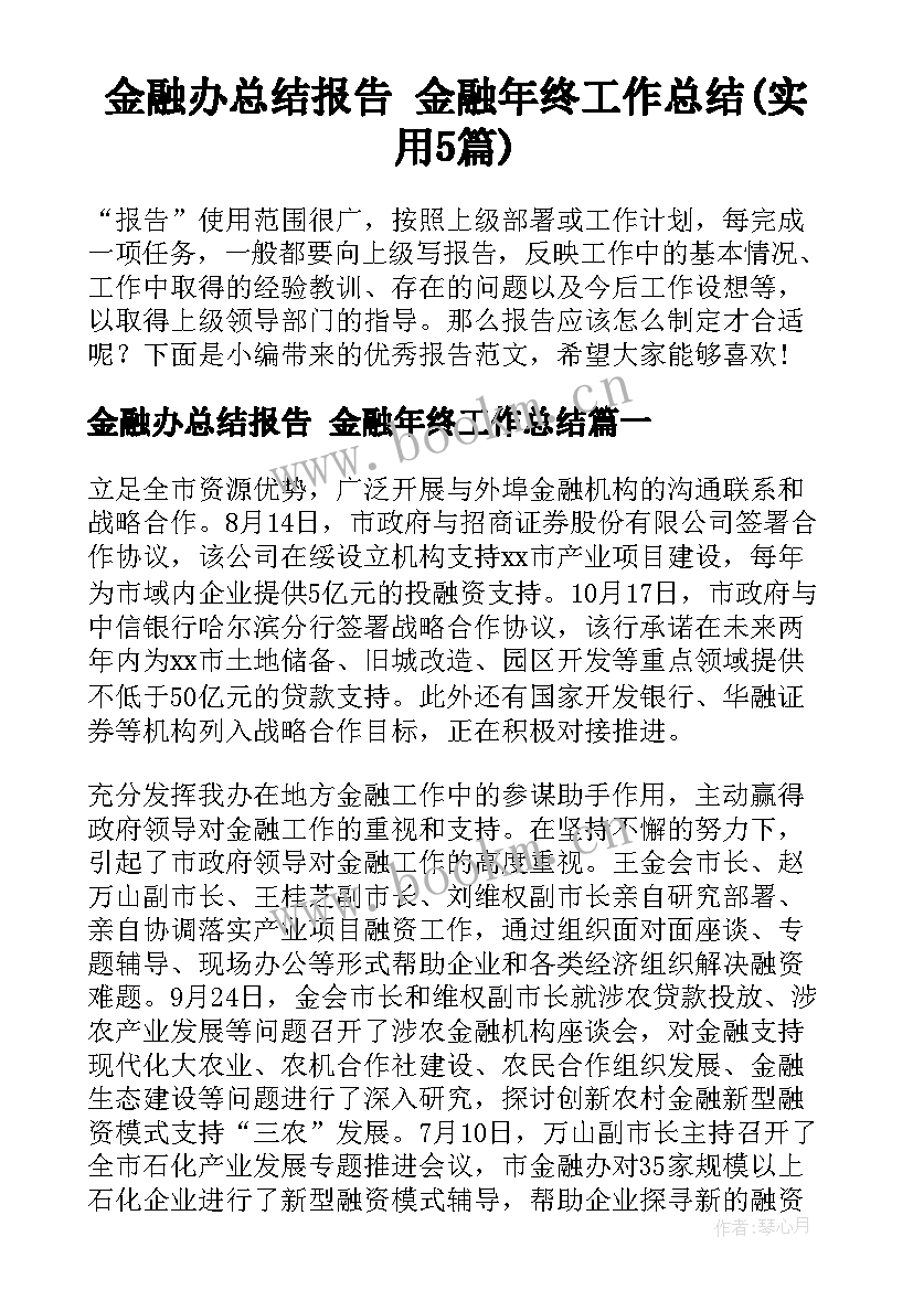 金融办总结报告 金融年终工作总结(实用5篇)