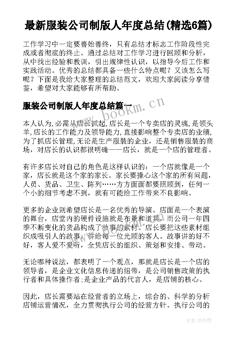 最新服装公司制版人年度总结(精选6篇)