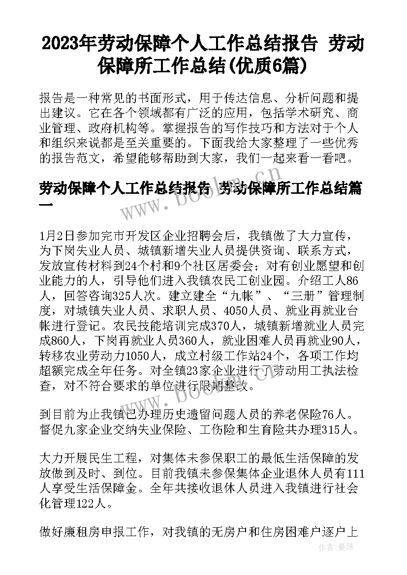 2023年劳动保障个人工作总结报告 劳动保障所工作总结(优质6篇)