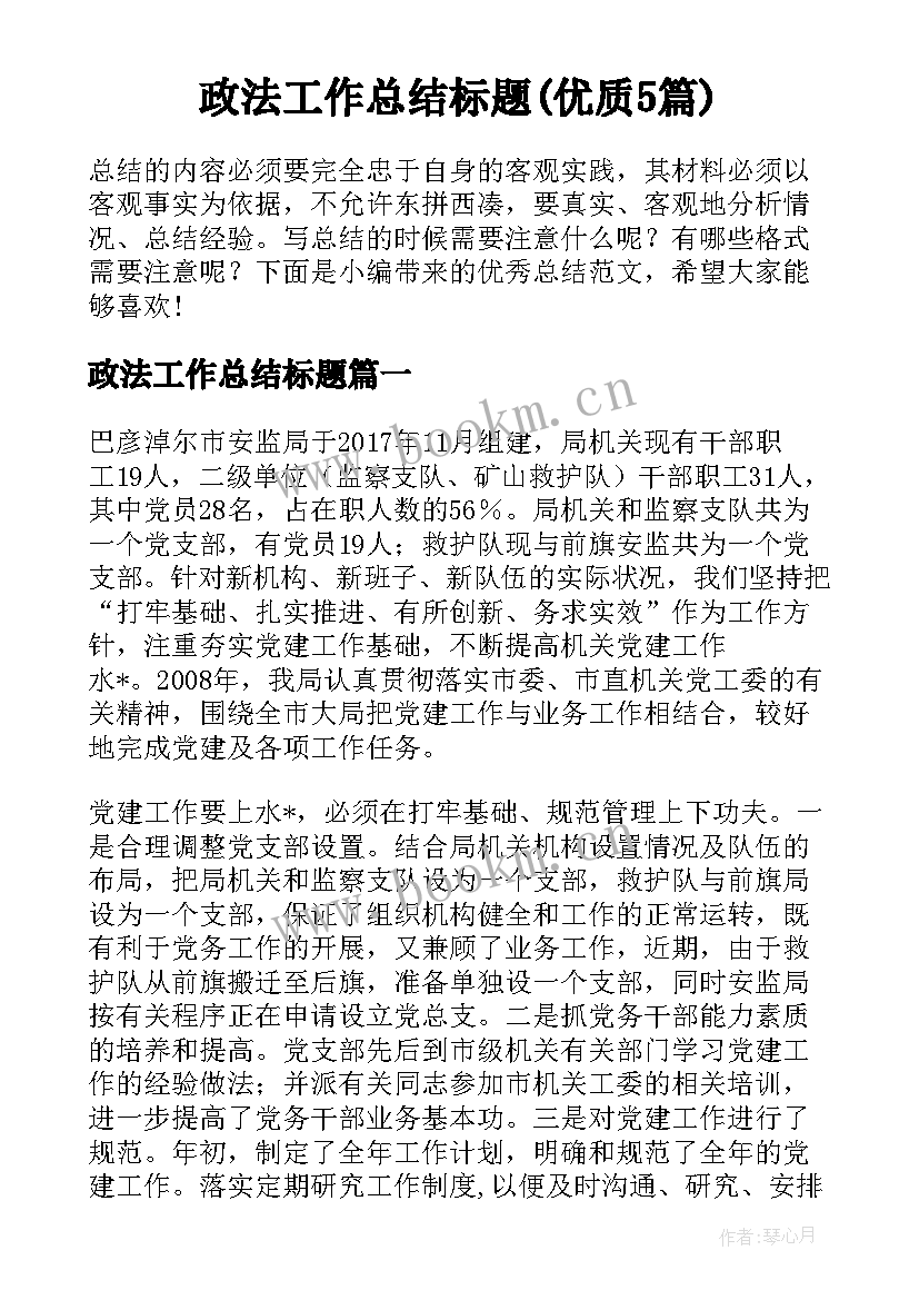 政法工作总结标题(优质5篇)