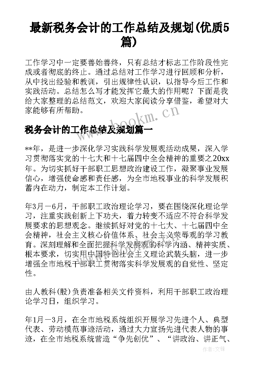 最新税务会计的工作总结及规划(优质5篇)