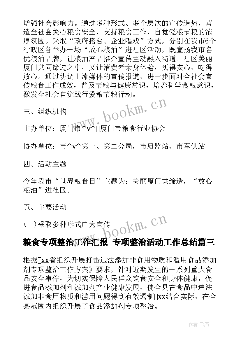 粮食专项整治工作汇报 专项整治活动工作总结(汇总9篇)