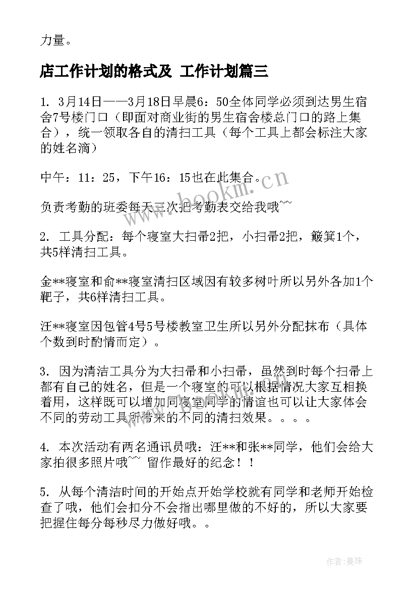 最新店工作计划的格式及 工作计划(优秀6篇)