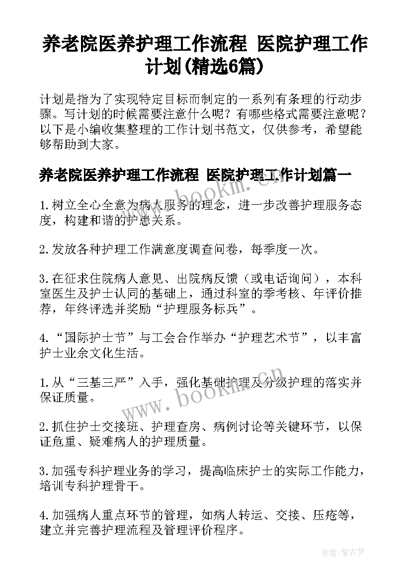 养老院医养护理工作流程 医院护理工作计划(精选6篇)