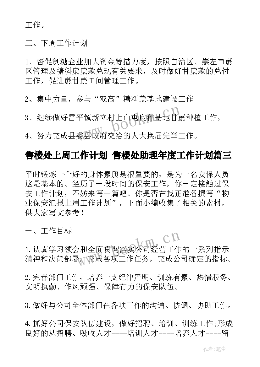 售楼处上周工作计划 售楼处助理年度工作计划(模板5篇)