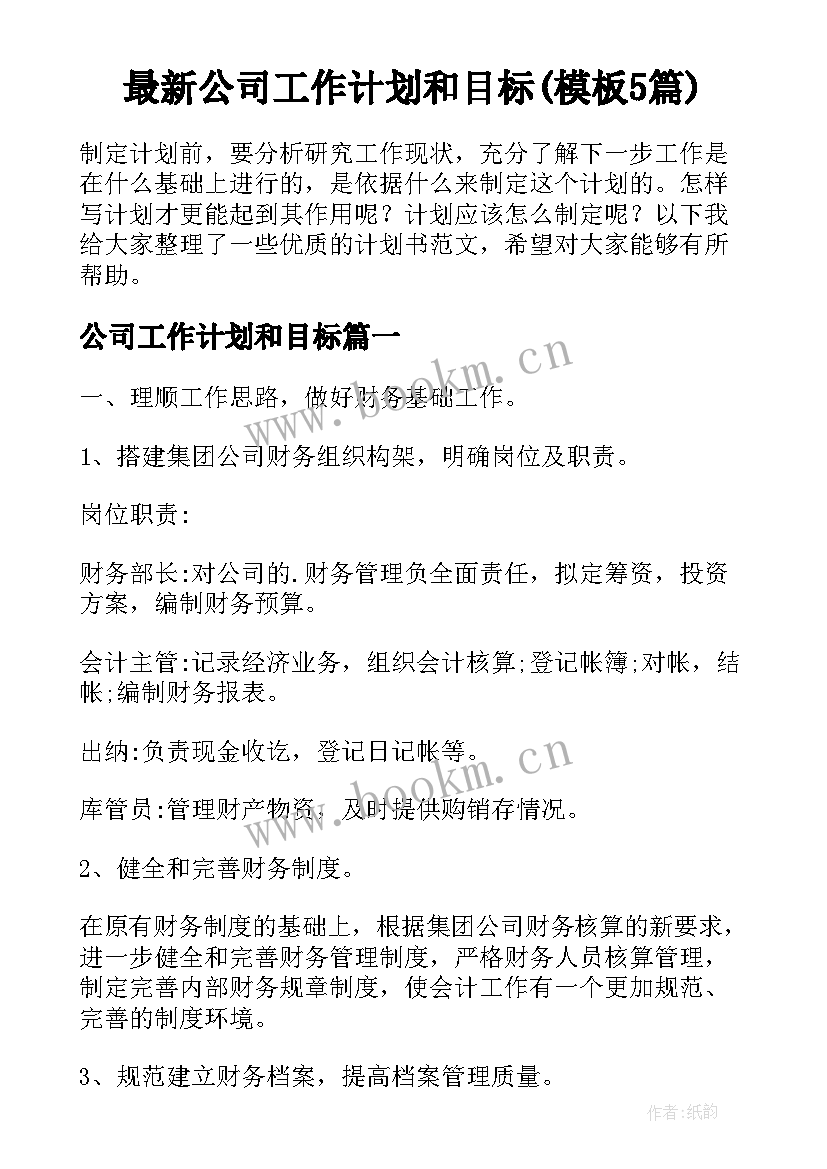 最新公司工作计划和目标(模板5篇)