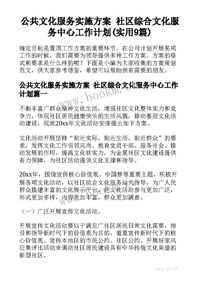 公共文化服务实施方案 社区综合文化服务中心工作计划(实用9篇)