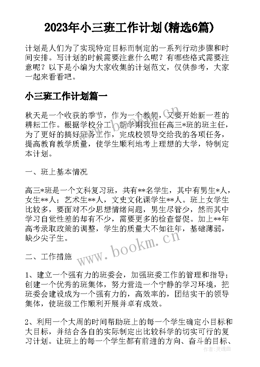 2023年小三班工作计划(精选6篇)