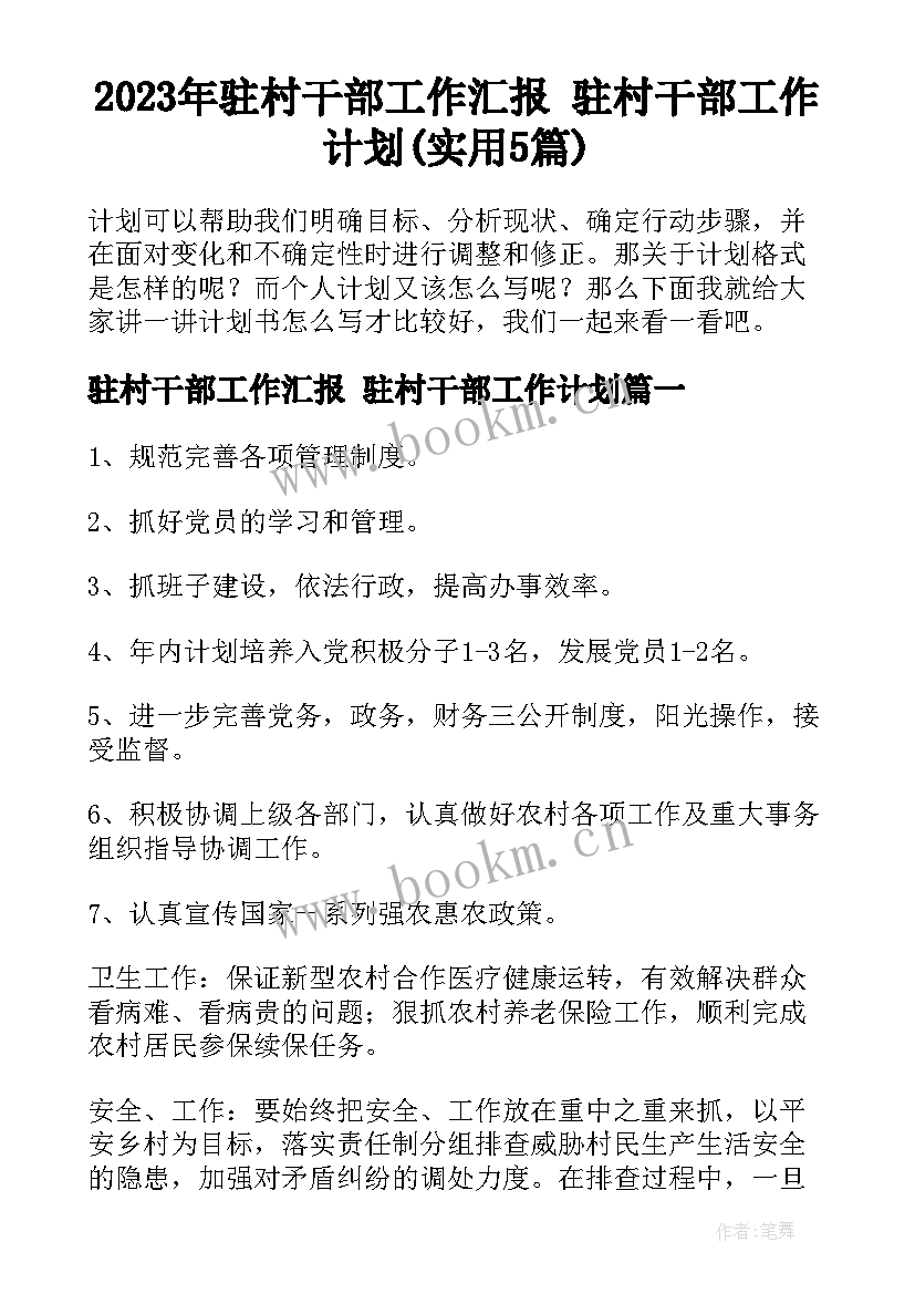 2023年驻村干部工作汇报 驻村干部工作计划(实用5篇)