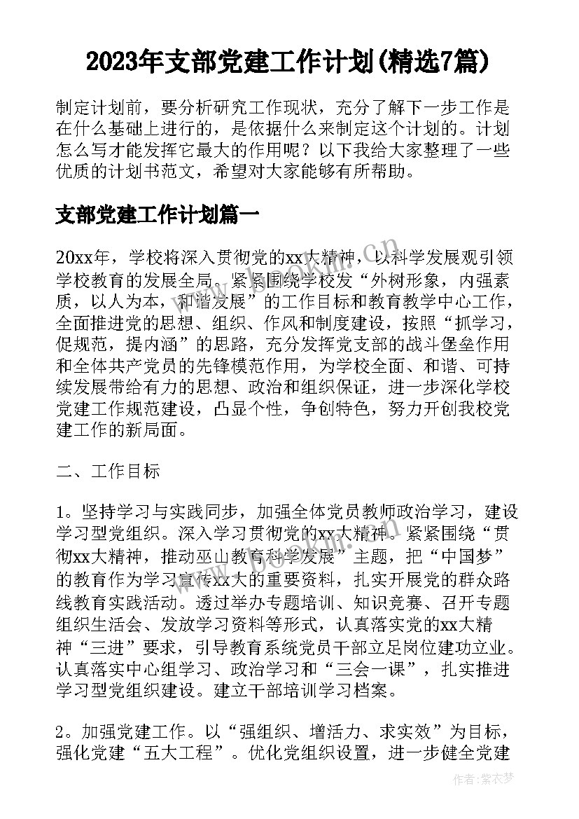 2023年支部党建工作计划(精选7篇)