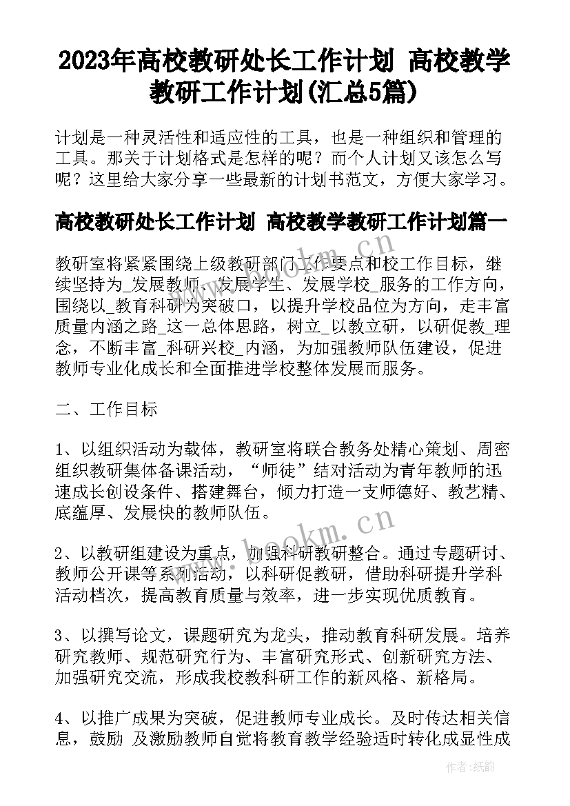 2023年高校教研处长工作计划 高校教学教研工作计划(汇总5篇)