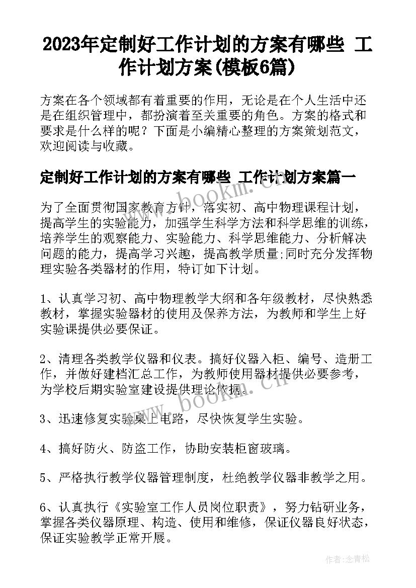 2023年定制好工作计划的方案有哪些 工作计划方案(模板6篇)