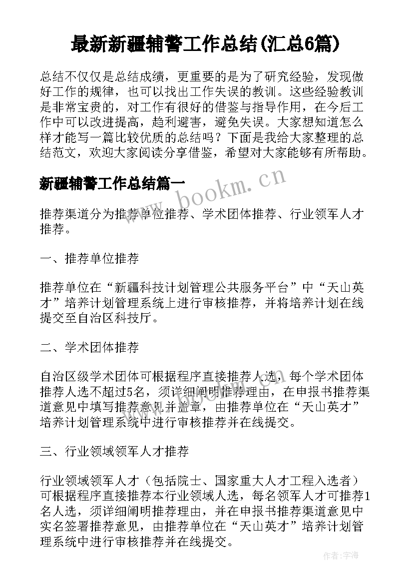 最新新疆辅警工作总结(汇总6篇)