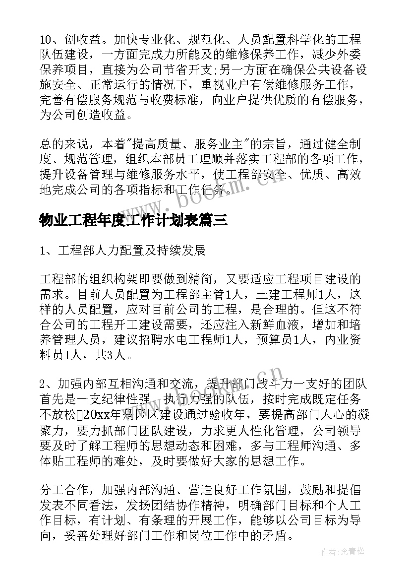 最新物业工程年度工作计划表(通用7篇)