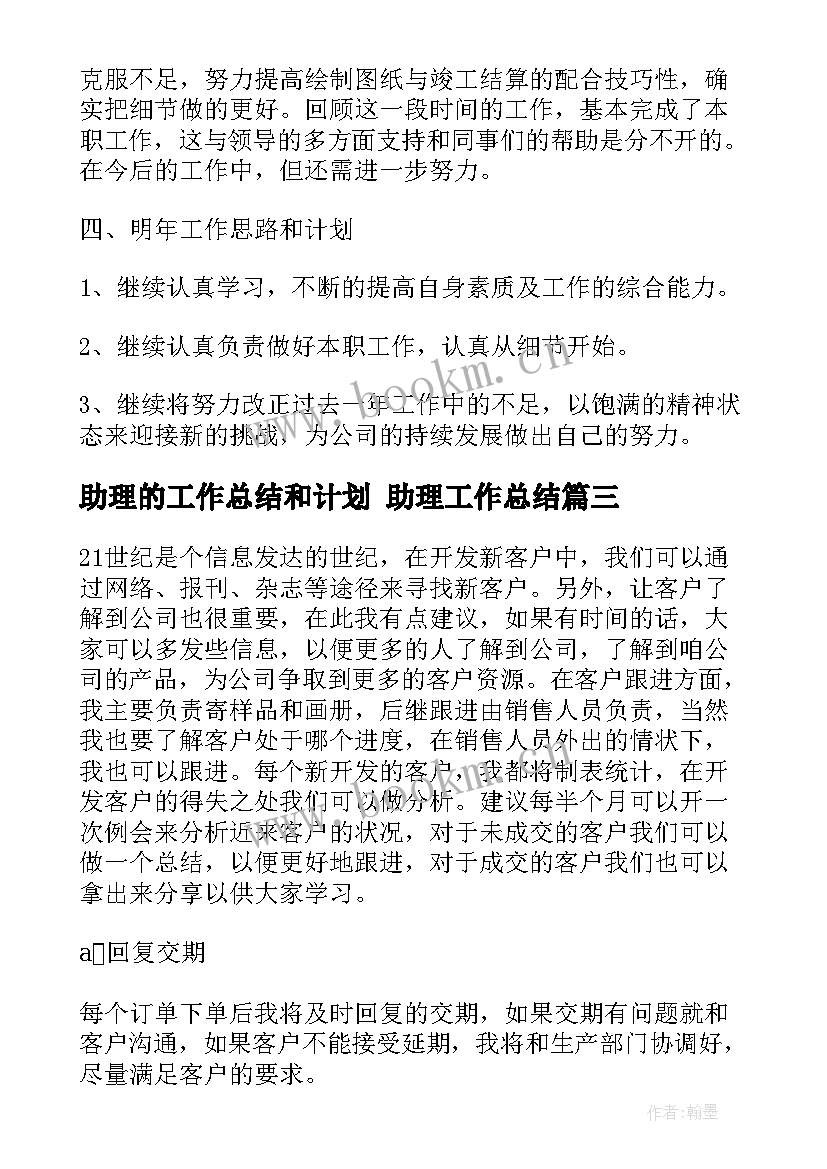 最新助理的工作总结和计划 助理工作总结(实用10篇)