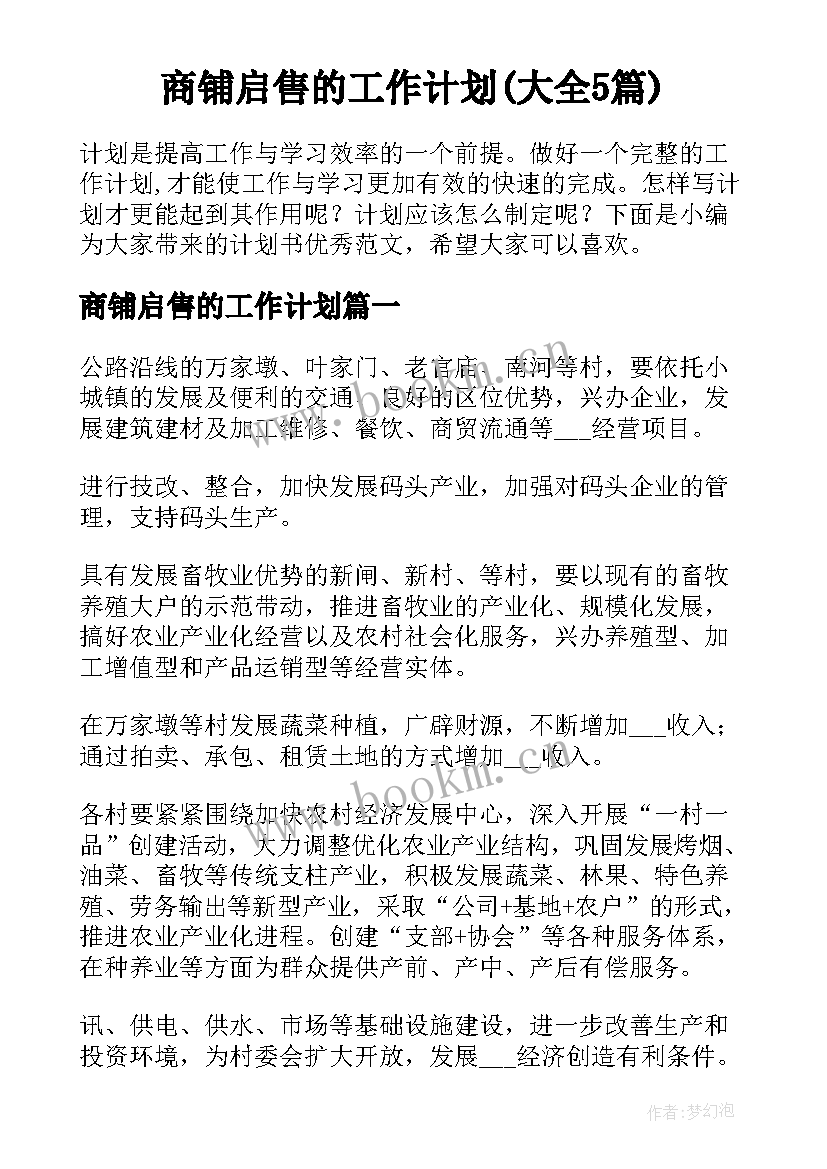 商铺启售的工作计划(大全5篇)