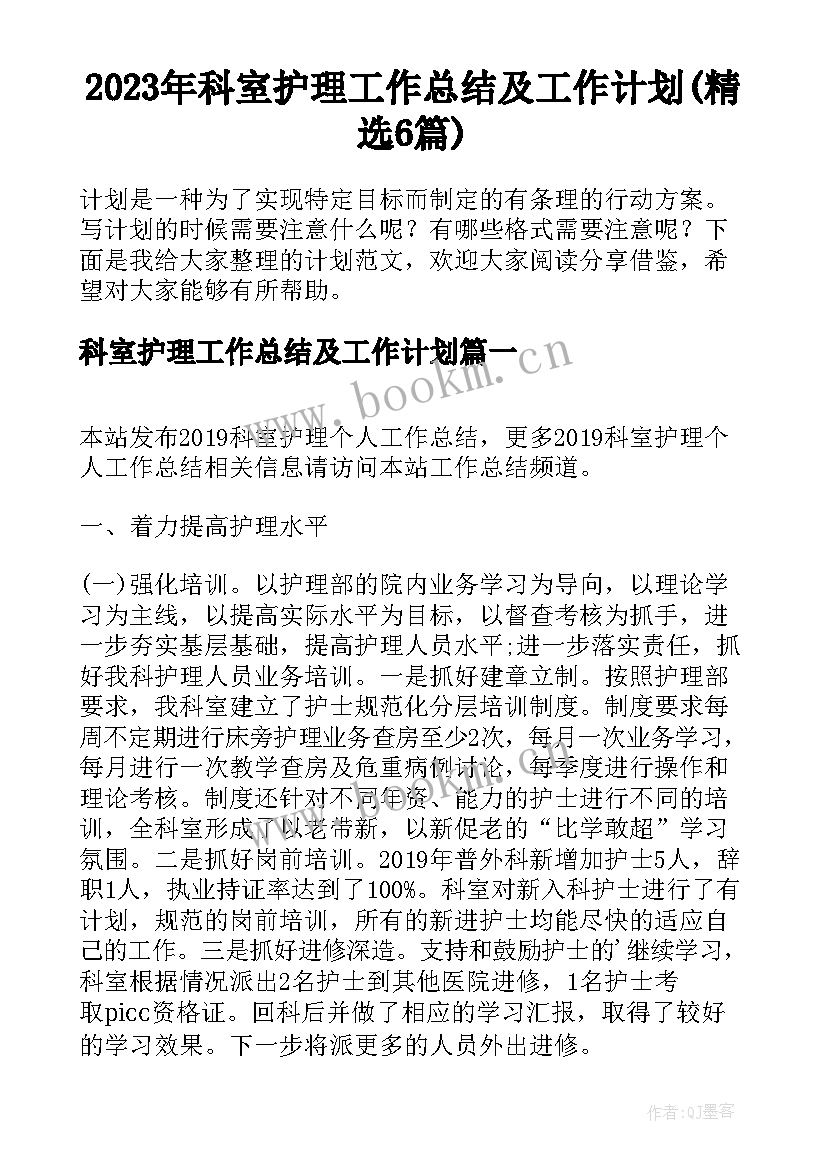 2023年科室护理工作总结及工作计划(精选6篇)