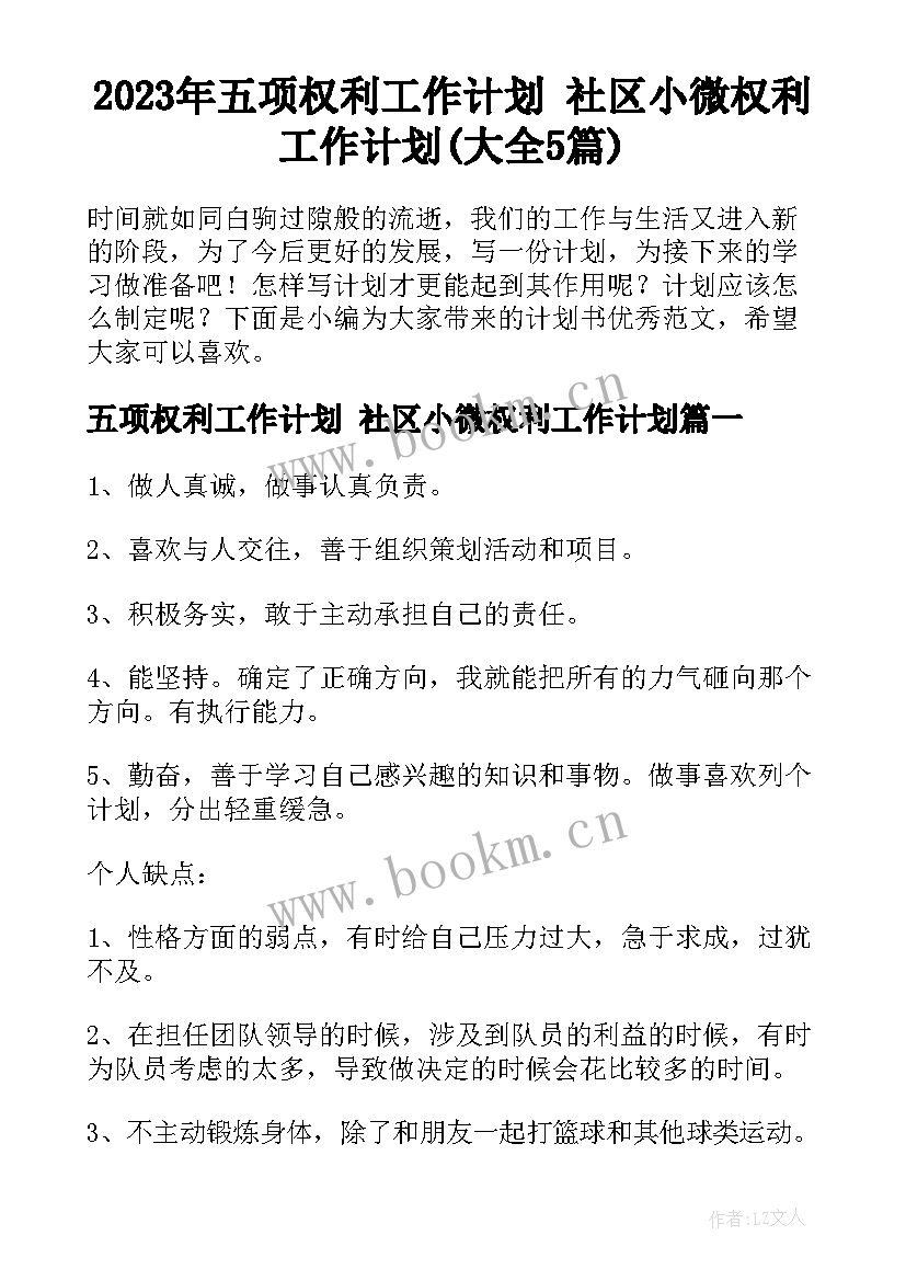 2023年五项权利工作计划 社区小微权利工作计划(大全5篇)