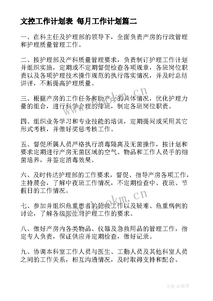 2023年文控工作计划表 每月工作计划(优质10篇)