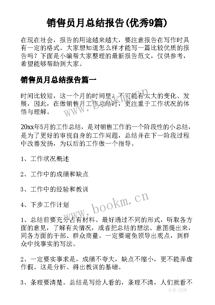 销售员月总结报告(优秀9篇)