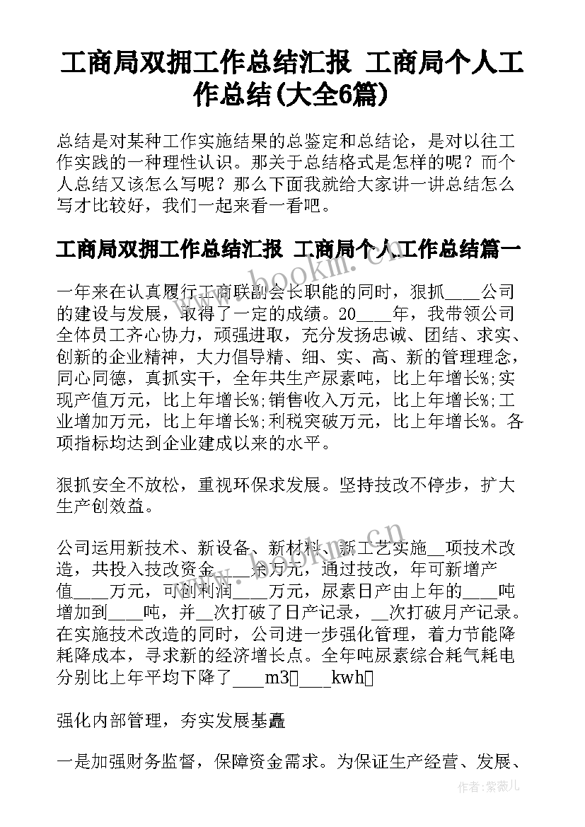 工商局双拥工作总结汇报 工商局个人工作总结(大全6篇)