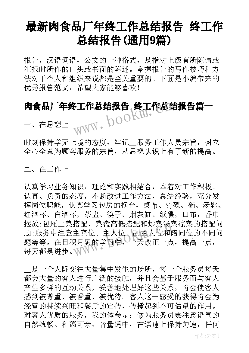 最新肉食品厂年终工作总结报告 终工作总结报告(通用9篇)